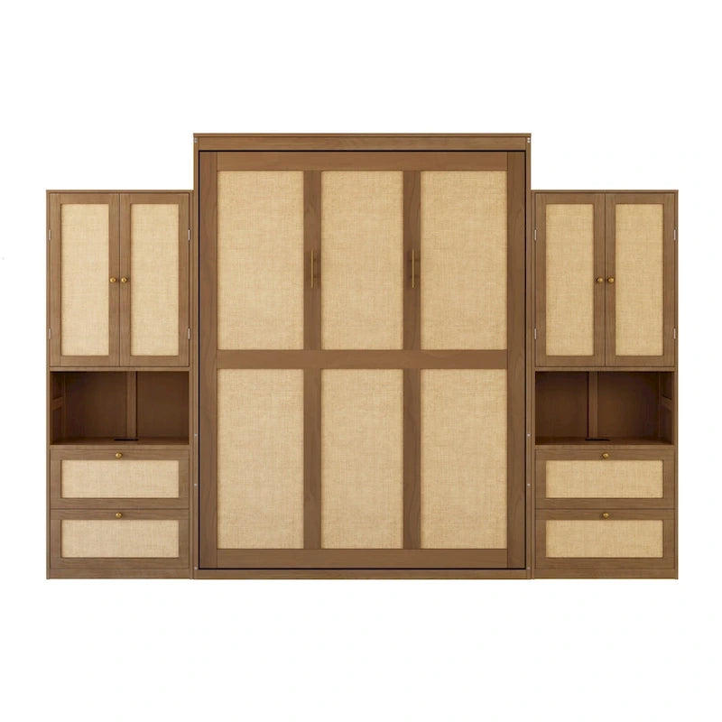 Full Size Solid Wood With Rattan Murphy Bed Cabinet Space-Saving Bed with 2 Side Cabinet Storage Shelves