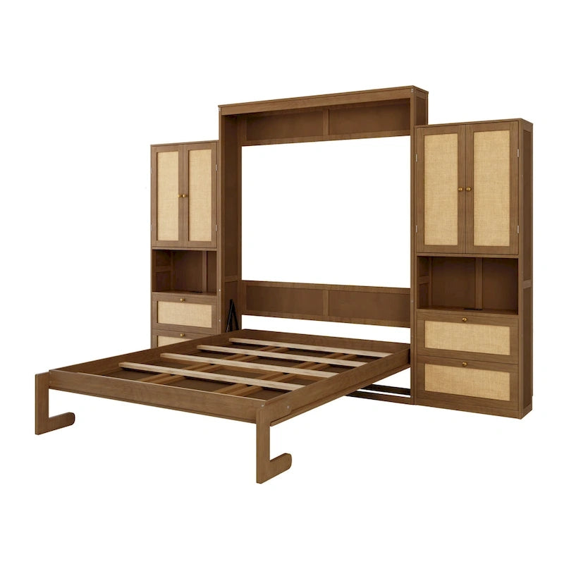 Full Size Solid Wood With Rattan Murphy Bed Cabinet Space-Saving Bed with 2 Side Cabinet Storage Shelves