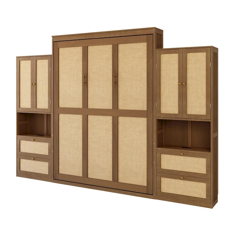 Full Size Solid Wood With Rattan Murphy Bed Cabinet Space-Saving Bed with 2 Side Cabinet Storage Shelves