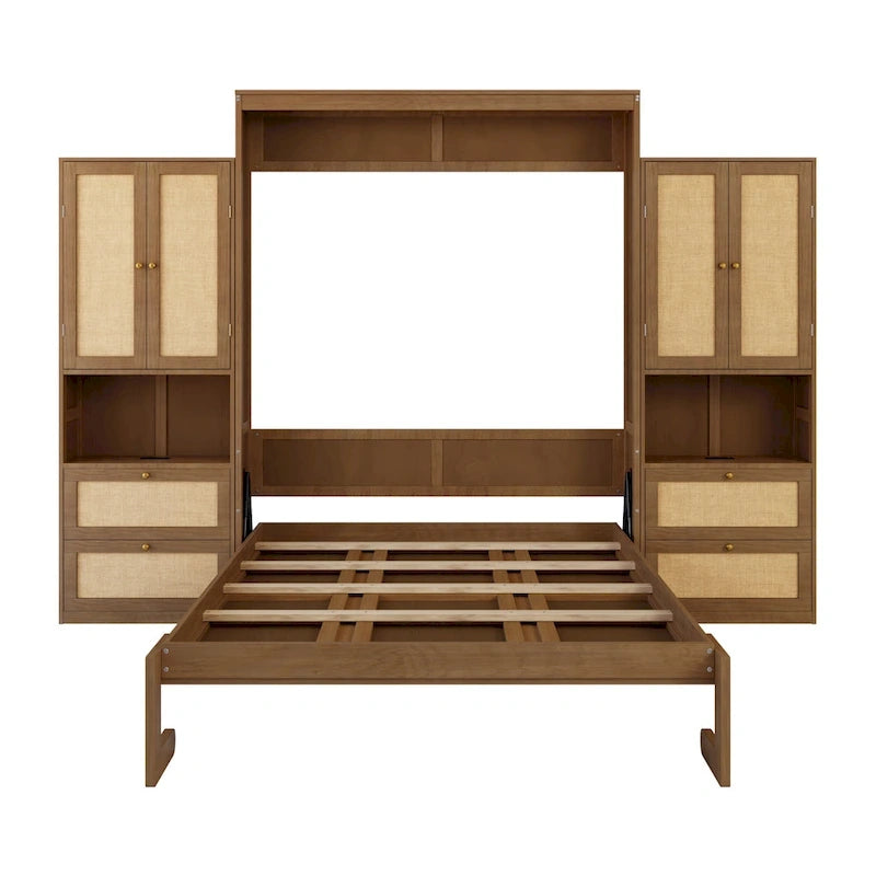 Full Size Solid Wood With Rattan Murphy Bed Cabinet Space-Saving Bed with 2 Side Cabinet Storage Shelves