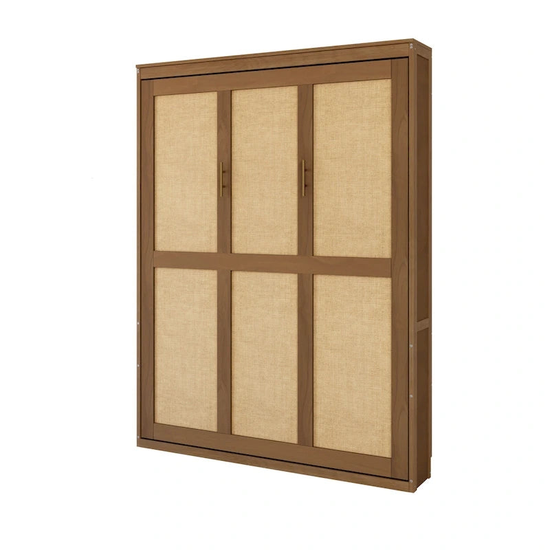 Full Size Solid Wood With Rattan Murphy Bed Cabinet Space-Saving Bed with 2 Side Cabinet Storage Shelves