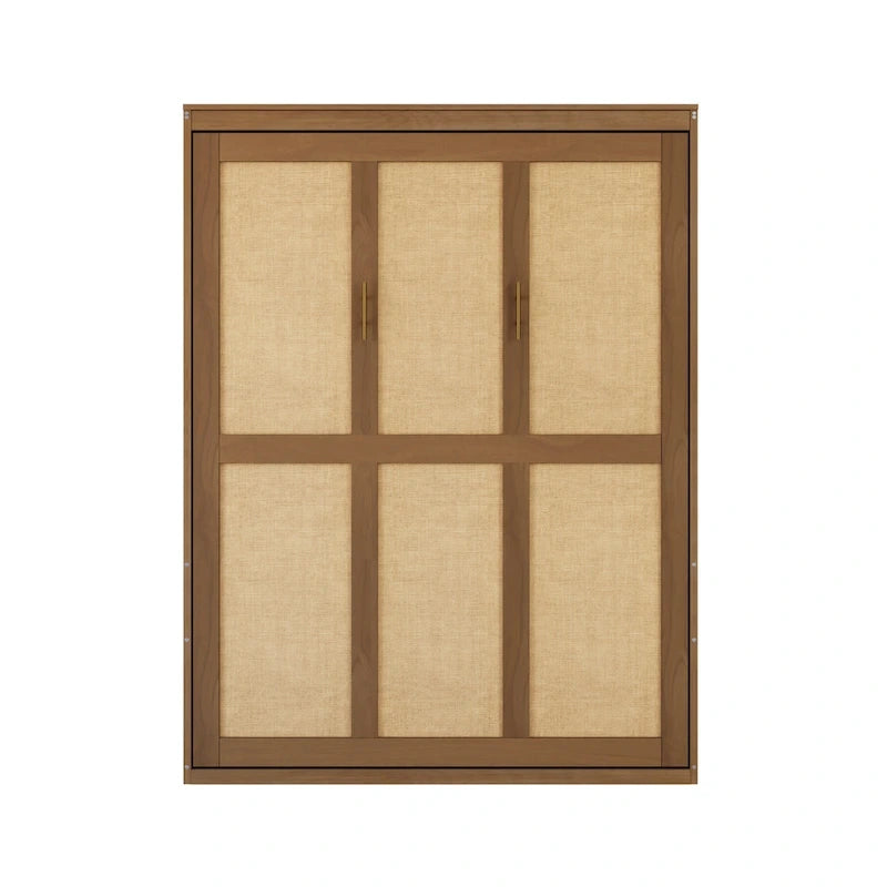 Full Size Solid Wood With Rattan Murphy Bed Cabinet Space-Saving Bed with 2 Side Cabinet Storage Shelves