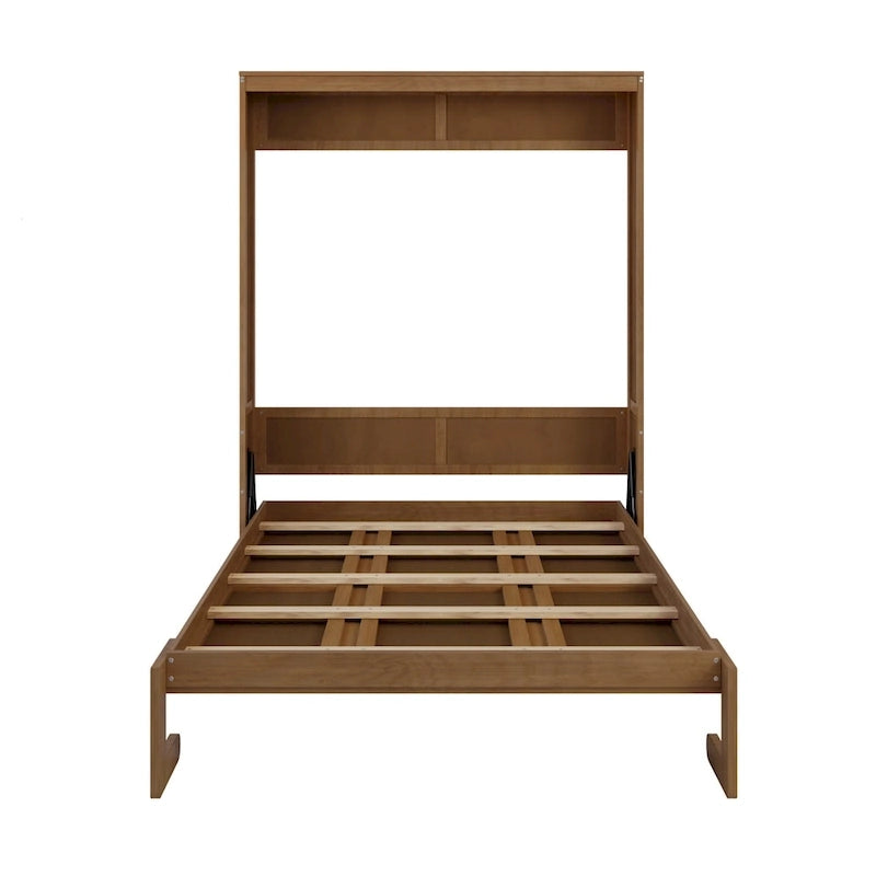 Full Size Solid Wood With Rattan Murphy Bed Cabinet Space-Saving Bed with 2 Side Cabinet Storage Shelves