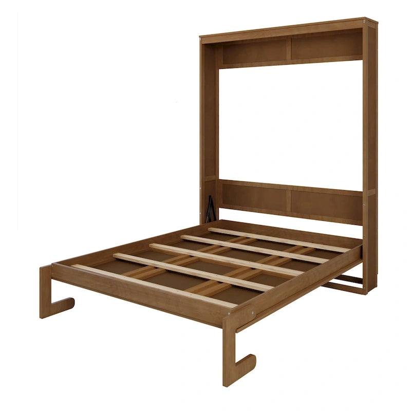 Full Size Solid Wood With Rattan Murphy Bed Cabinet Space-Saving Bed with 2 Side Cabinet Storage Shelves