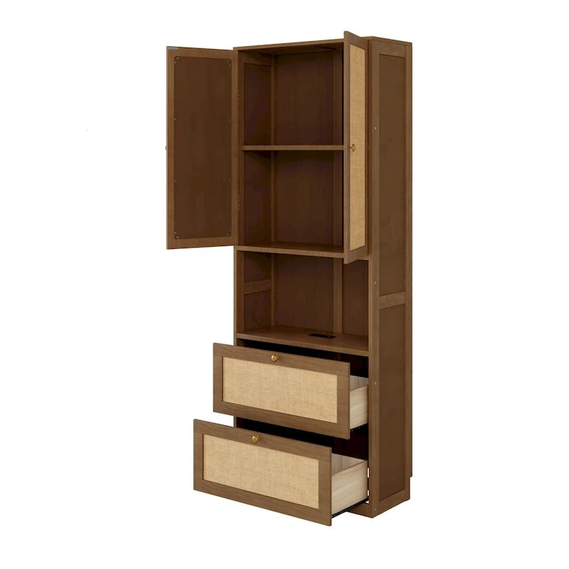 Full Size Solid Wood With Rattan Murphy Bed Cabinet Space-Saving Bed with 2 Side Cabinet Storage Shelves