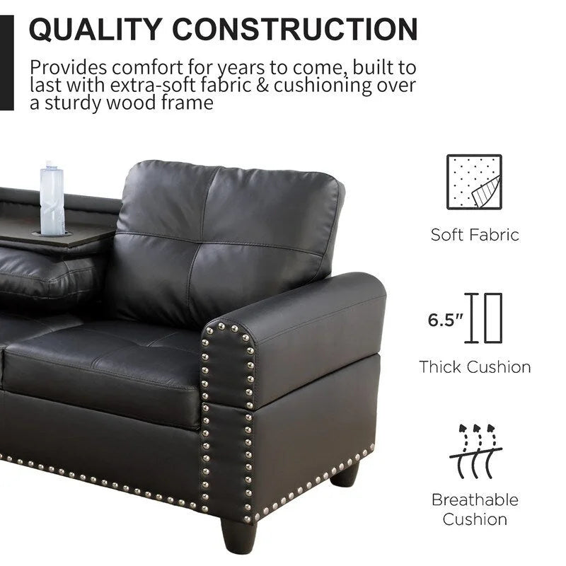 Modern 3-Piece Black Faux & Synthetic Leather Sofa Set: Sleek Style for Living Rooms