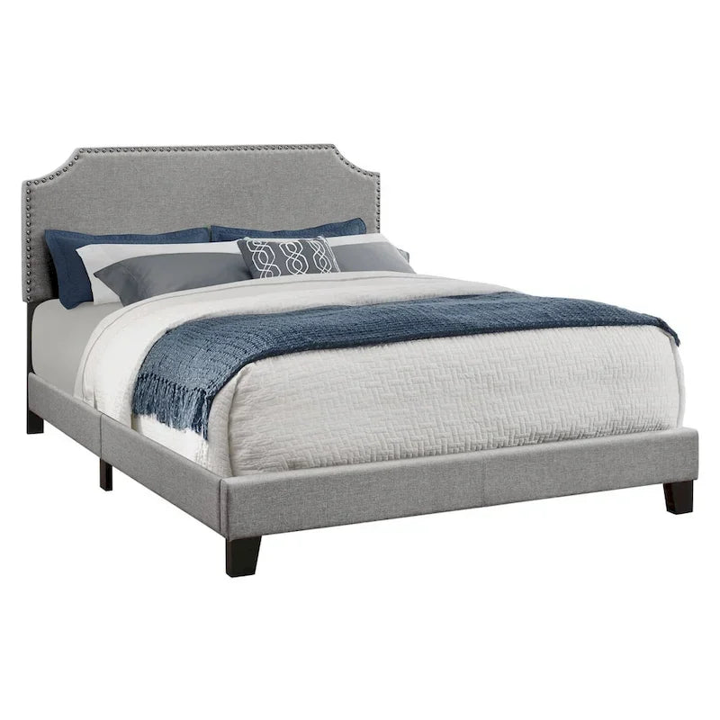 Grey Polyester Upholstered Queen Bed Frame with Headboard and Nailhead Trim