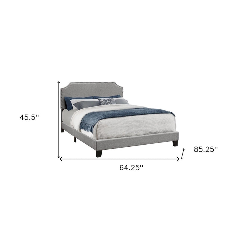 Grey Polyester Upholstered Queen Bed Frame with Headboard and Nailhead Trim