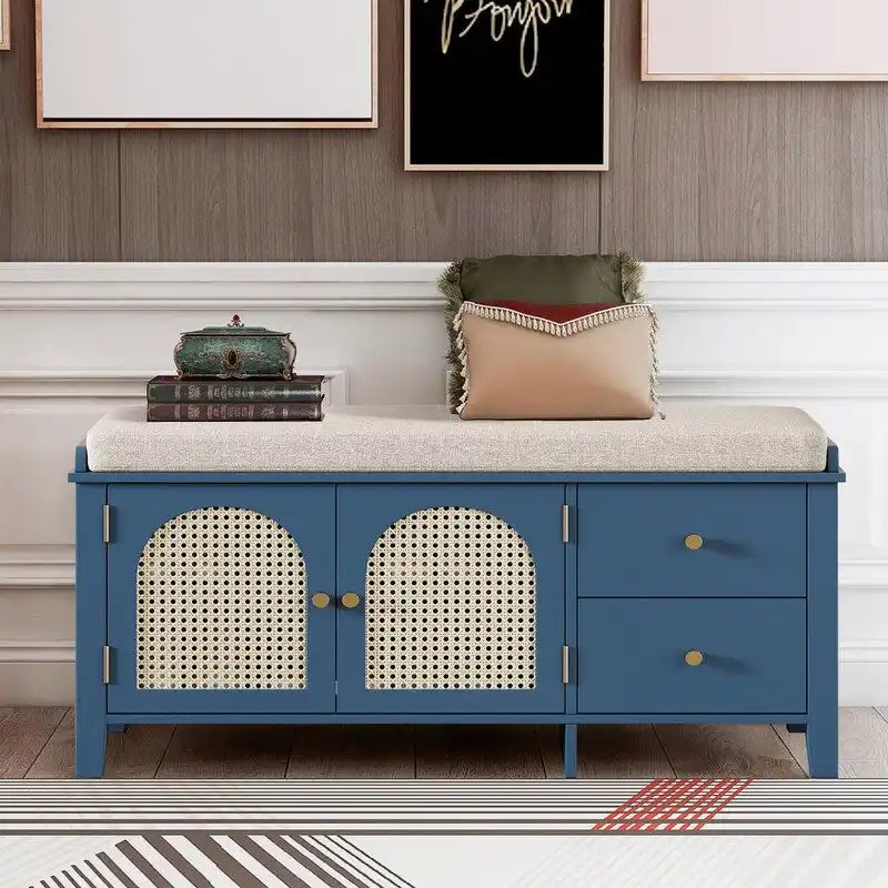 Retro Shoe Storage Bench with Drawers and Cushion for Entryway or Living Room Organization