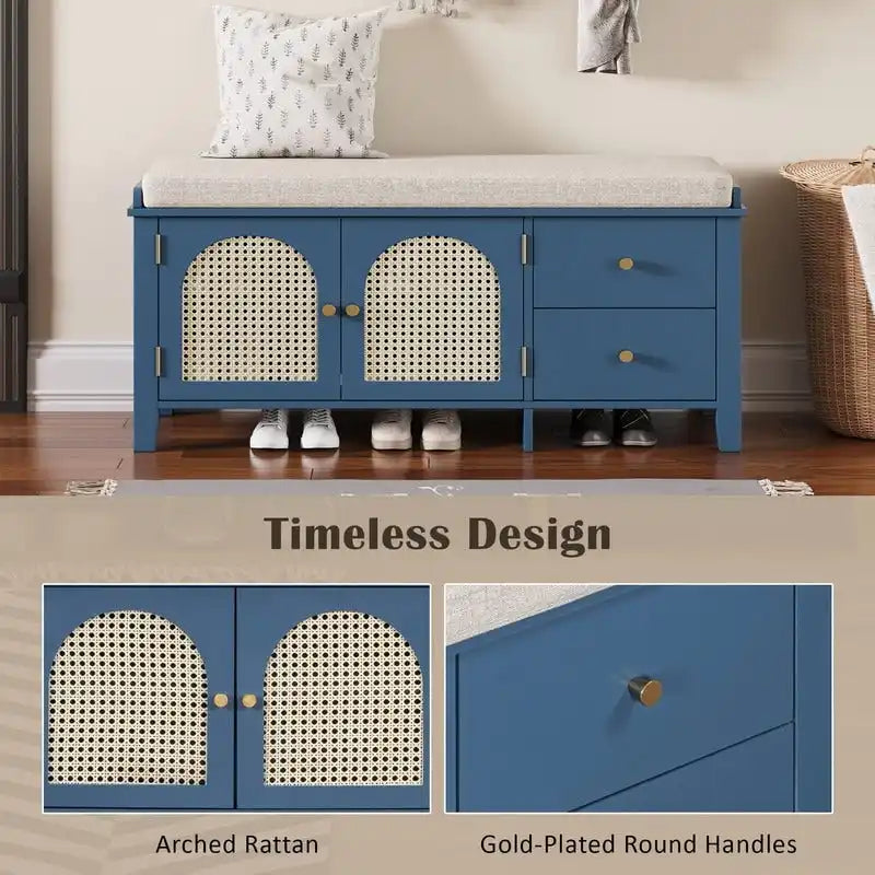 Retro Shoe Storage Bench with Drawers and Cushion for Entryway or Living Room Organization