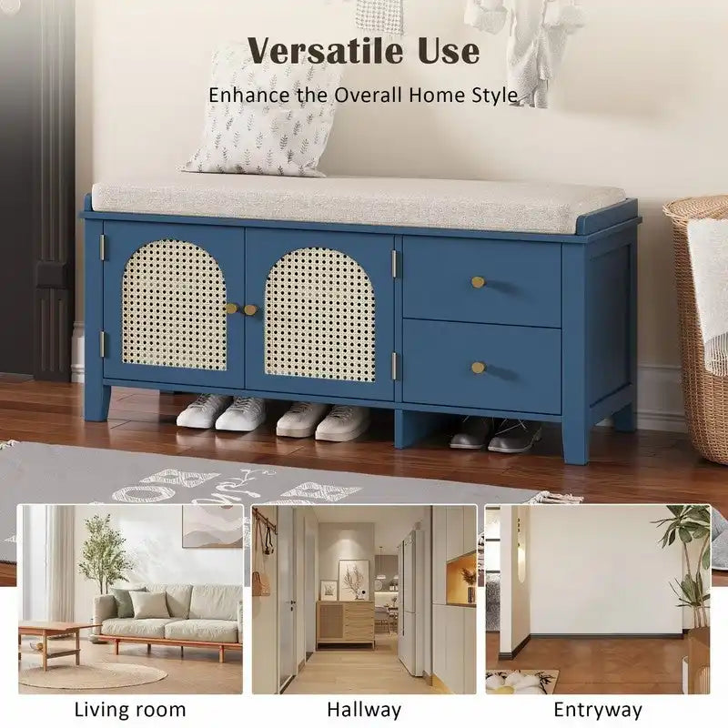 Retro Shoe Storage Bench with Drawers and Cushion for Entryway or Living Room Organization