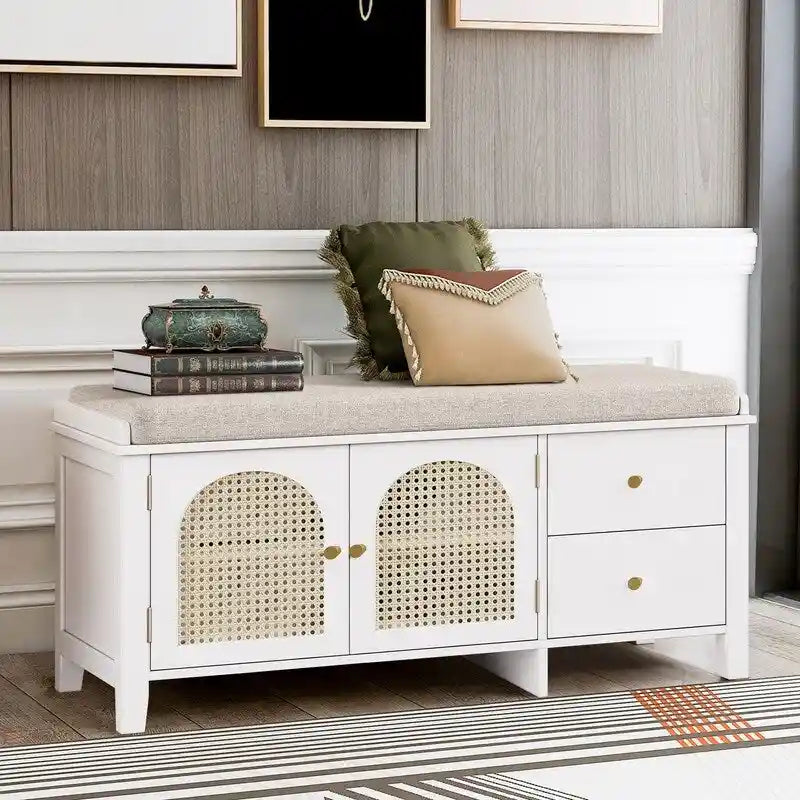 Retro Shoe Storage Bench with Drawers and Cushion for Entryway or Living Room Organization