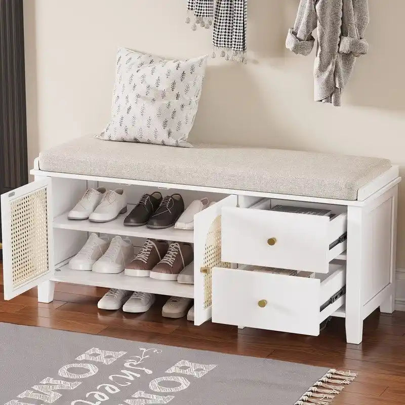 Retro Shoe Storage Bench with Drawers and Cushion for Entryway or Living Room Organization