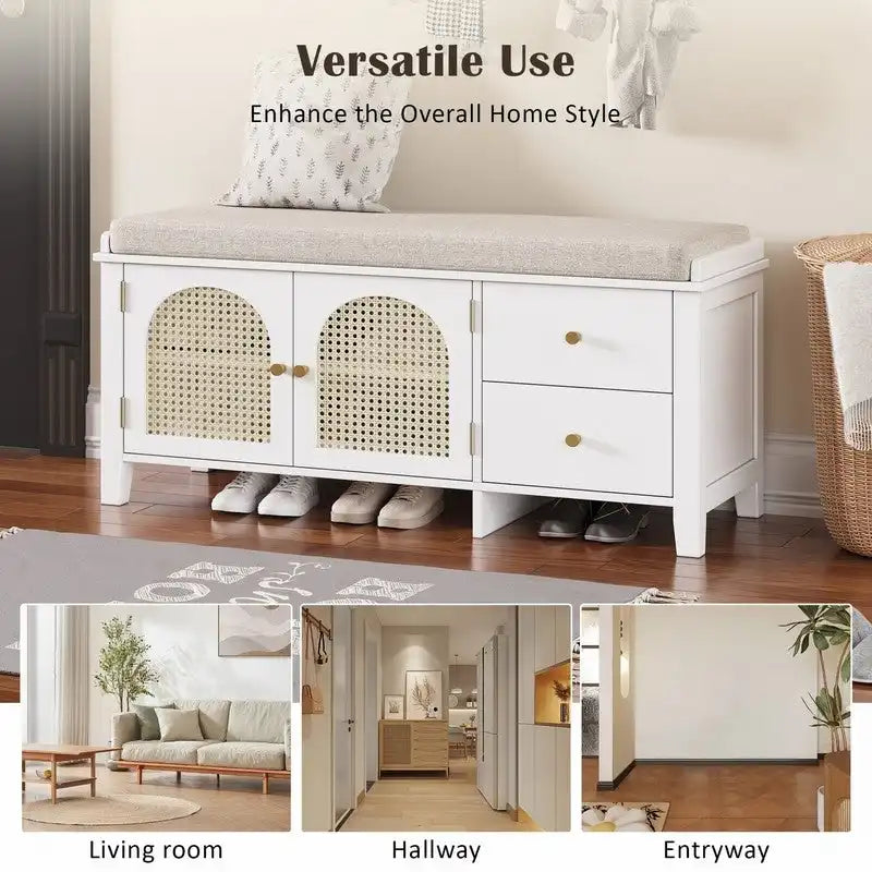 Retro Shoe Storage Bench with Drawers and Cushion for Entryway or Living Room Organization
