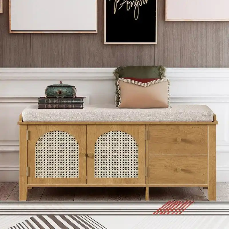 Retro Shoe Storage Bench with Drawers and Cushion for Entryway or Living Room Organization