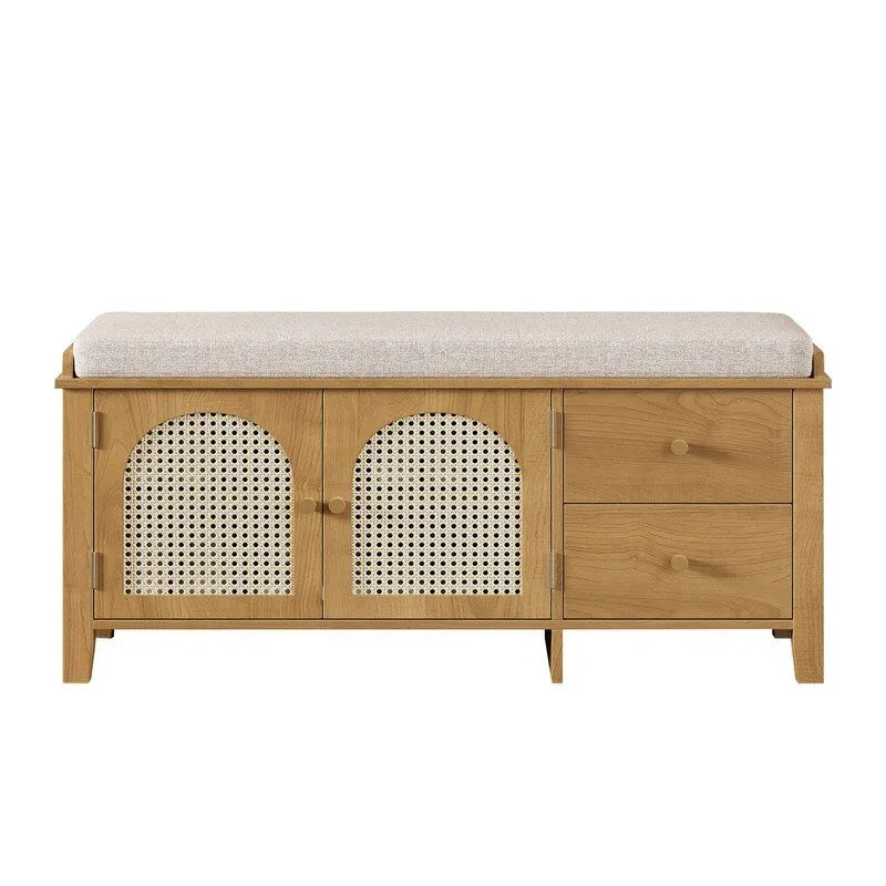 Retro Shoe Storage Bench with Drawers and Cushion for Entryway or Living Room Organization