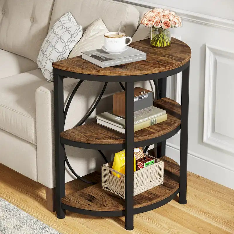 3-Tier Half Round End Table with Storage Shelves & Metal Frame