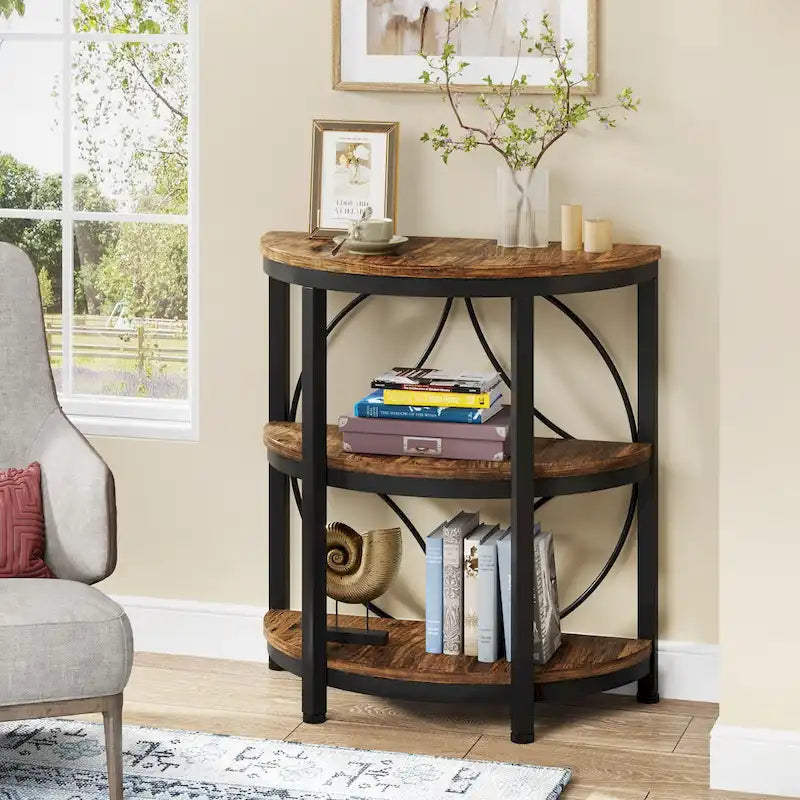 3-Tier Half Round End Table with Storage Shelves & Metal Frame
