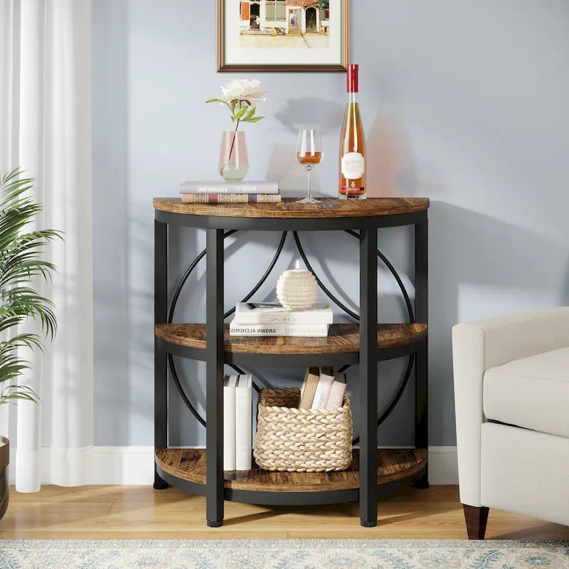 3-Tier Half Round End Table with Storage Shelves & Metal Frame