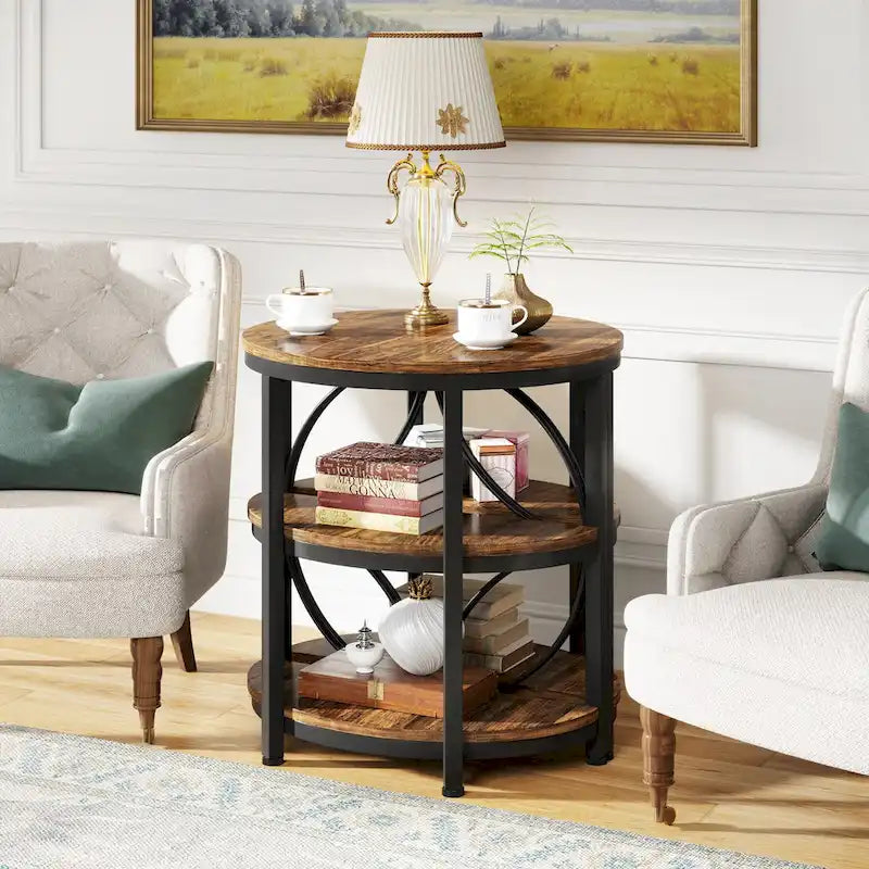 3-Tier Half Round End Table with Storage Shelves & Metal Frame