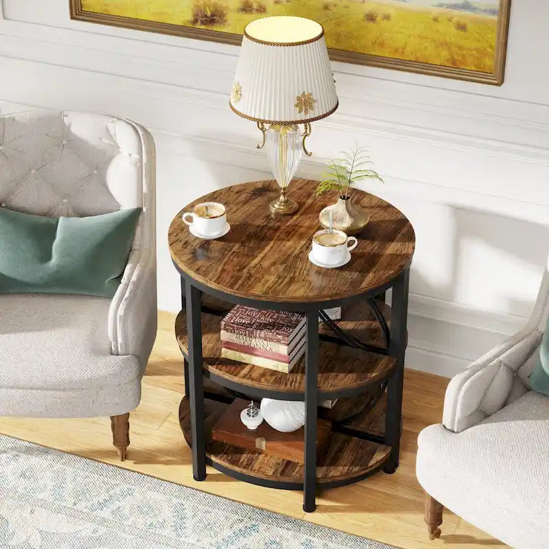 3-Tier Half Round End Table with Storage Shelves & Metal Frame