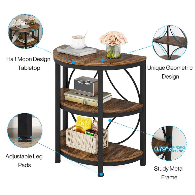 3-Tier Half Round End Table with Storage Shelves & Metal Frame