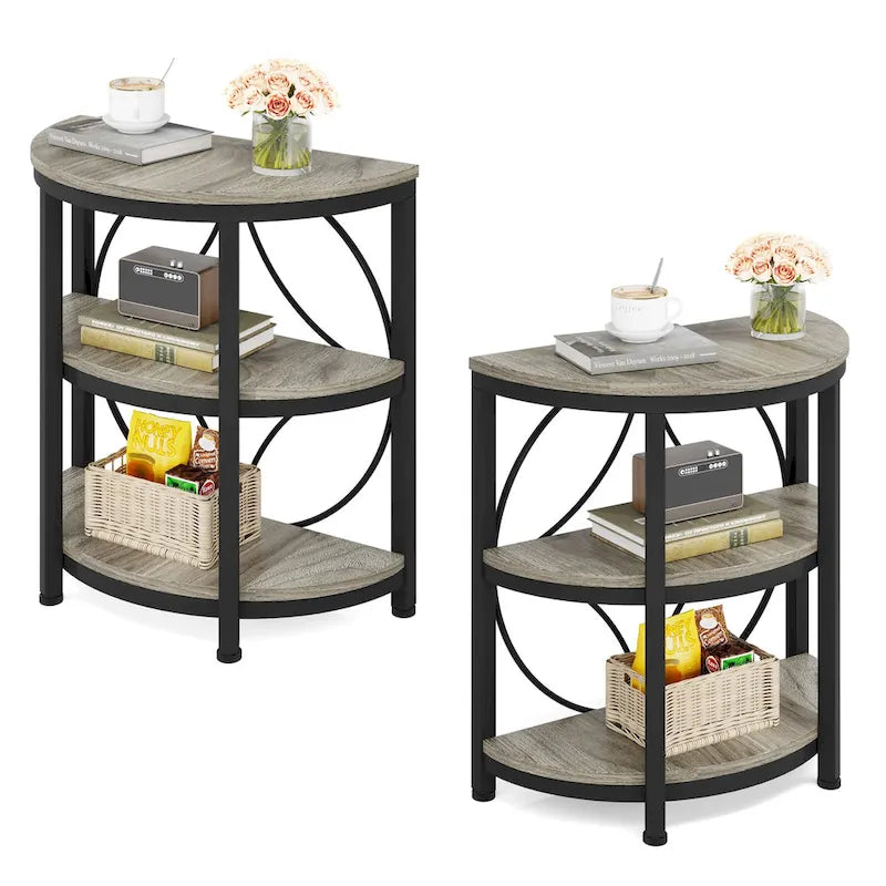 3-Tier Half Round End Table with Storage Shelves & Metal Frame