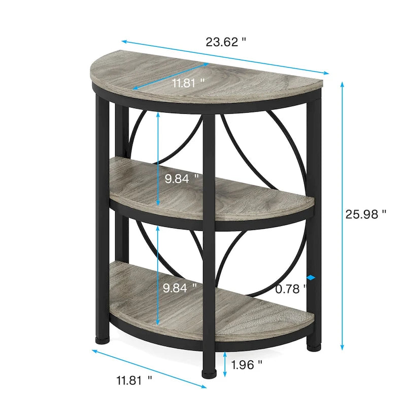 3-Tier Half Round End Table with Storage Shelves & Metal Frame