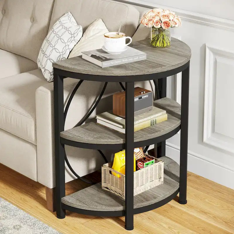 3-Tier Half Round End Table with Storage Shelves & Metal Frame