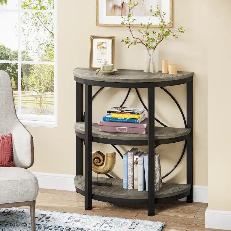 3-Tier Half Round End Table with Storage Shelves & Metal Frame
