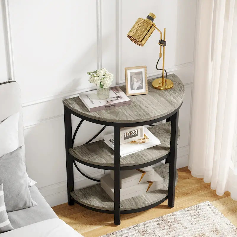 3-Tier Half Round End Table with Storage Shelves & Metal Frame