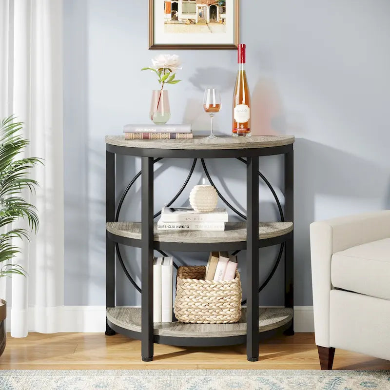 3-Tier Half Round End Table with Storage Shelves & Metal Frame