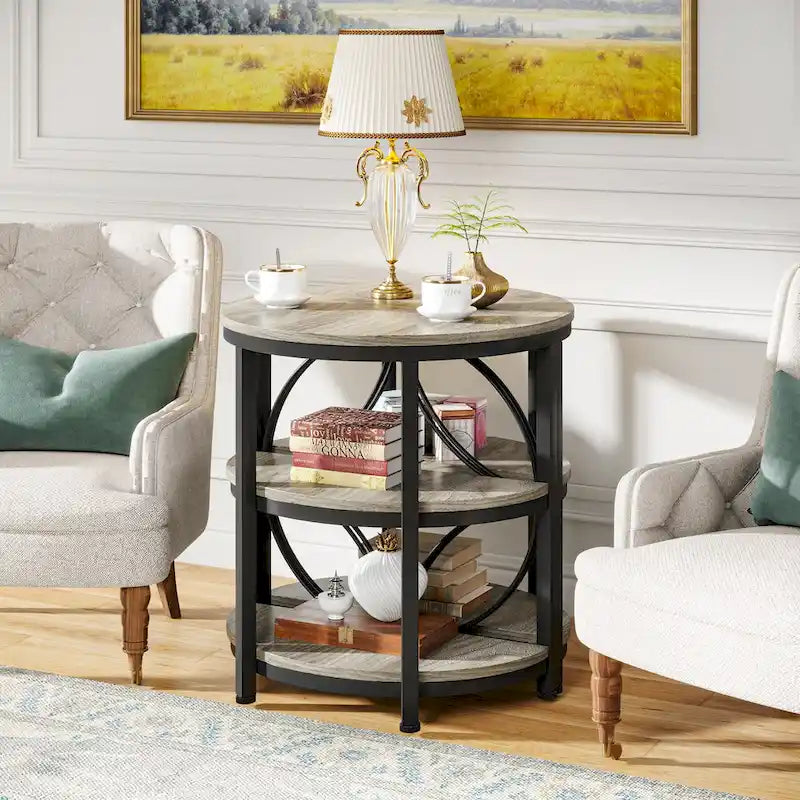3-Tier Half Round End Table with Storage Shelves & Metal Frame