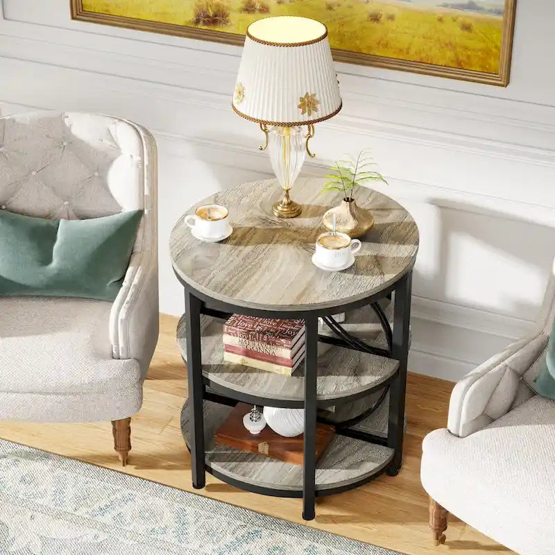 3-Tier Half Round End Table with Storage Shelves & Metal Frame