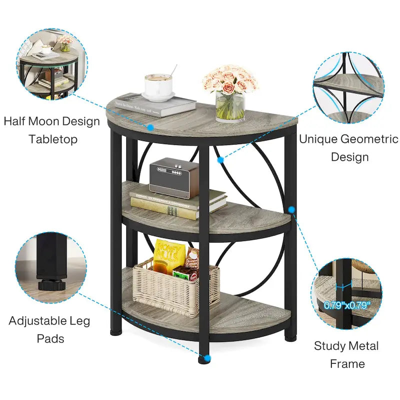 3-Tier Half Round End Table with Storage Shelves & Metal Frame