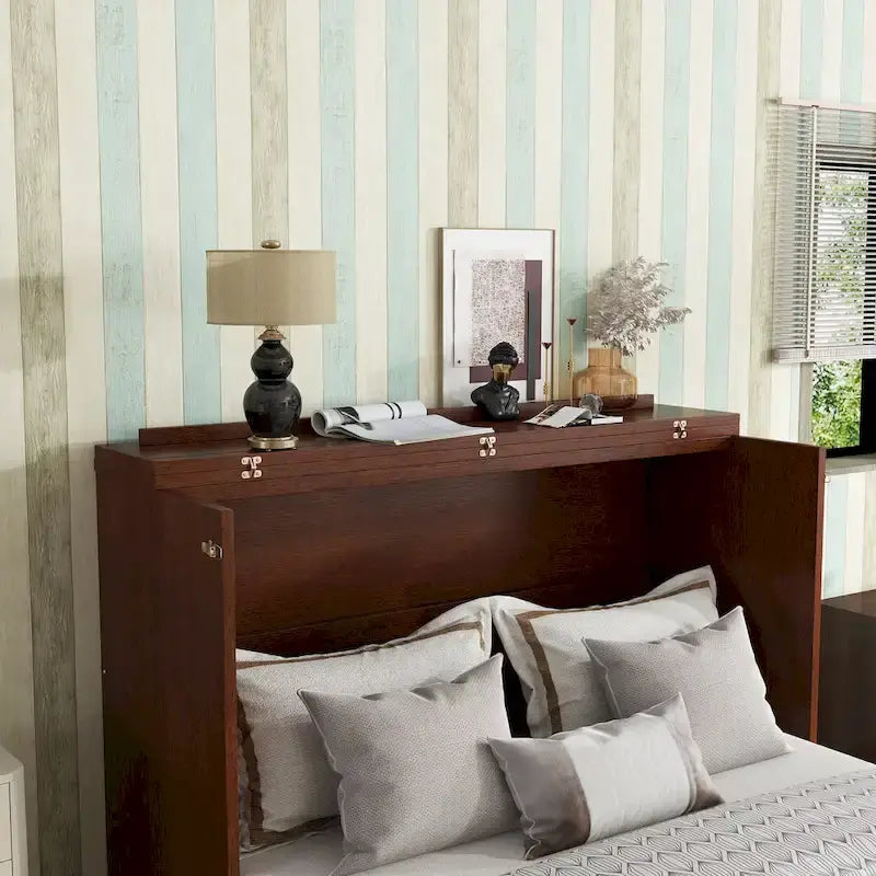 Queen Size Murphy Bed, Pine Wood Cabinet Bed with Rattan Decoration and Storage Drawer,Walnut