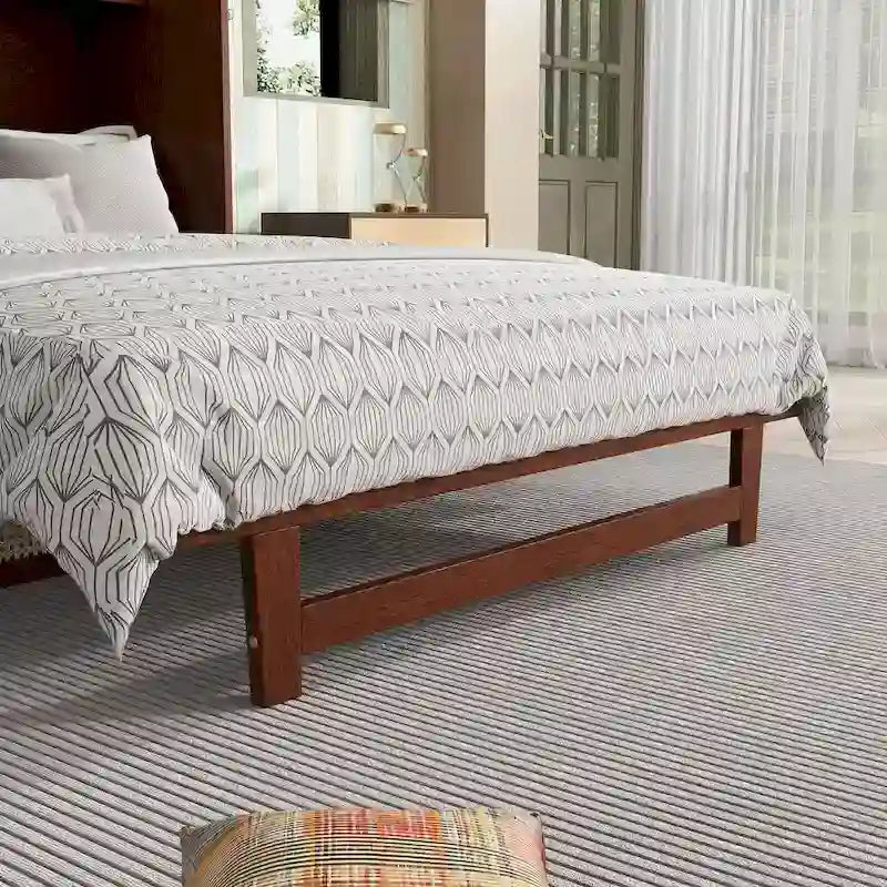 Queen Size Murphy Bed, Pine Wood Cabinet Bed with Rattan Decoration and Storage Drawer,Walnut