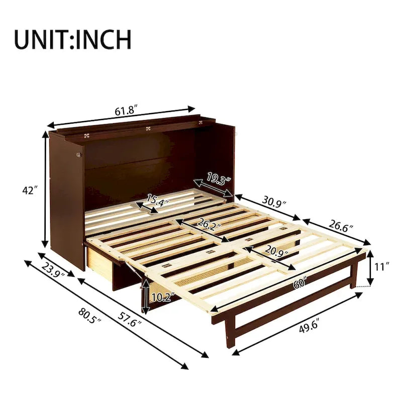 Queen Size Murphy Bed, Pine Wood Cabinet Bed with Rattan Decoration and Storage Drawer,Walnut