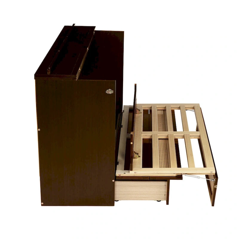 Queen Size Murphy Bed, Pine Wood Cabinet Bed with Rattan Decoration and Storage Drawer,Walnut