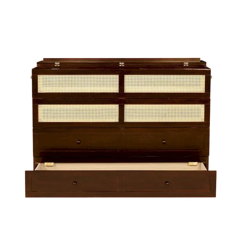 Queen Size Murphy Bed, Pine Wood Cabinet Bed with Rattan Decoration and Storage Drawer,Walnut