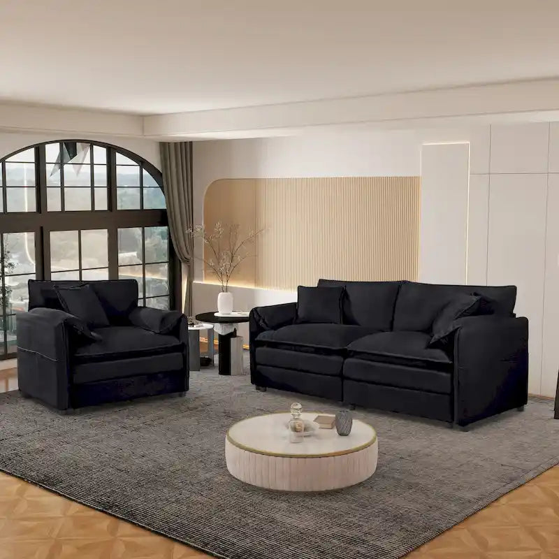 3-Piece Chenille Cloud Sofa & Armchair Set with Deep Seats & 3 Pillows