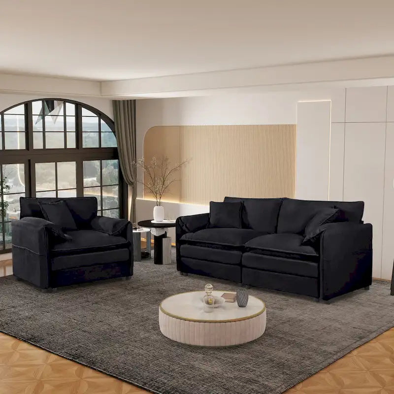 3-Piece Chenille Cloud Sofa & Armchair Set with Deep Seats & 3 Pillows