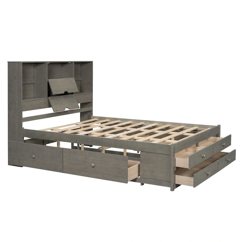 Gray Queen Size Modern Wooden Bed with Storage Headboard and 8 Drawers