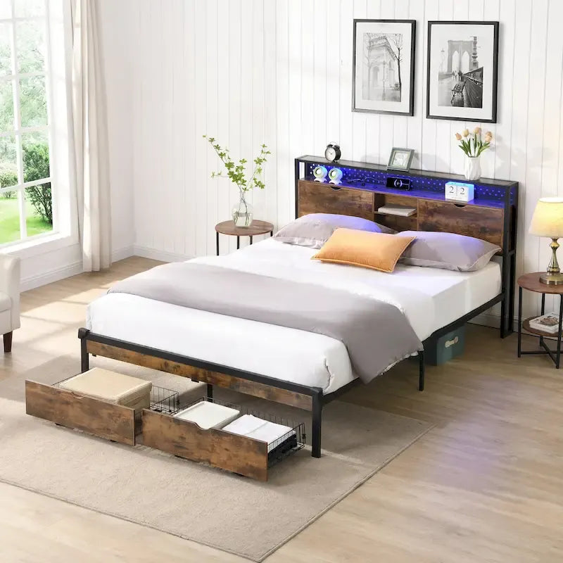 Black Brown King Size Metal Platform Bed with Wooden Headboard, Drawers, and LEDs