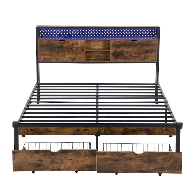 Black Brown King Size Metal Platform Bed with Wooden Headboard, Drawers, and LEDs