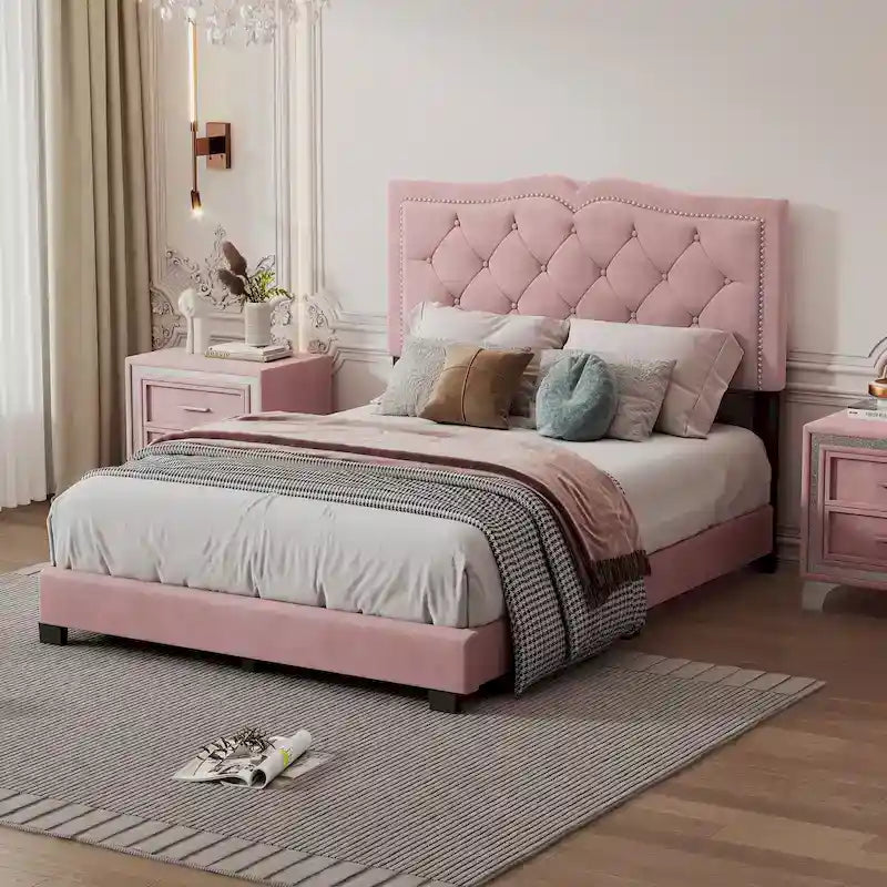Pink Full Size Modern Velvet Upholstered Platform Bed with Plush Velvet Tufted Headboard for Bedroom