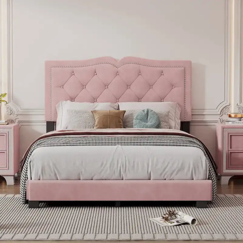 Pink Full Size Modern Velvet Upholstered Platform Bed with Plush Velvet Tufted Headboard for Bedroom