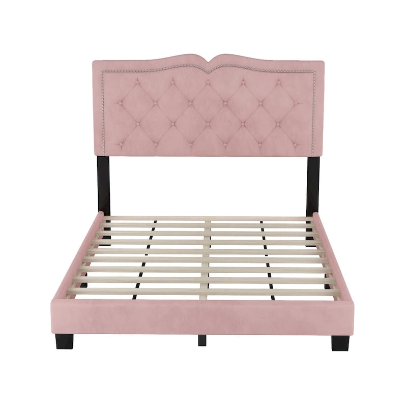 Pink Full Size Modern Velvet Upholstered Platform Bed with Plush Velvet Tufted Headboard for Bedroom