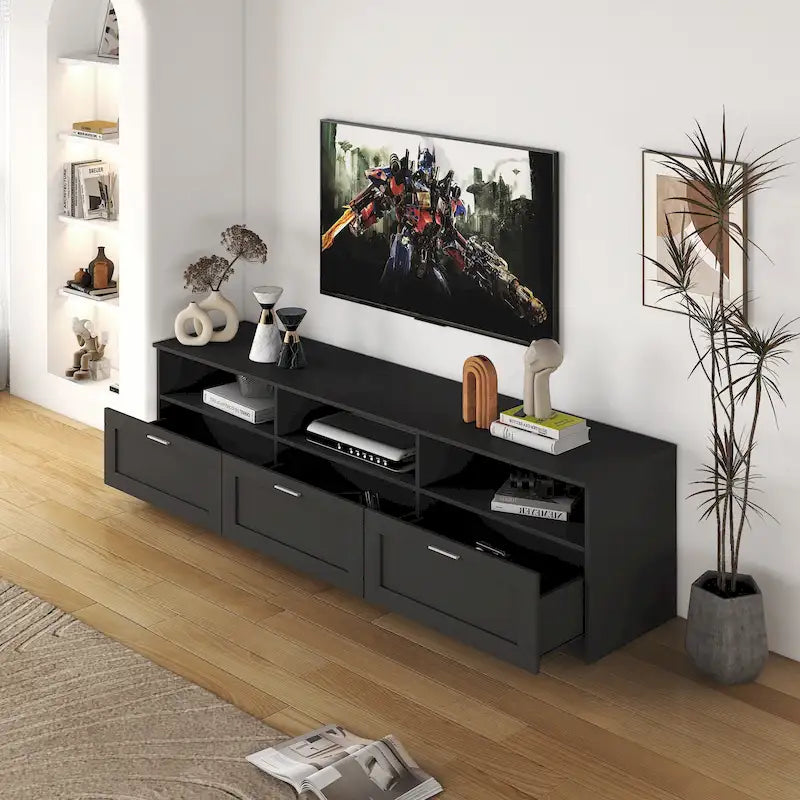 Black 70.87 TV Stand with 3 Open Storage Spaces and 3 Drawers for Living Room