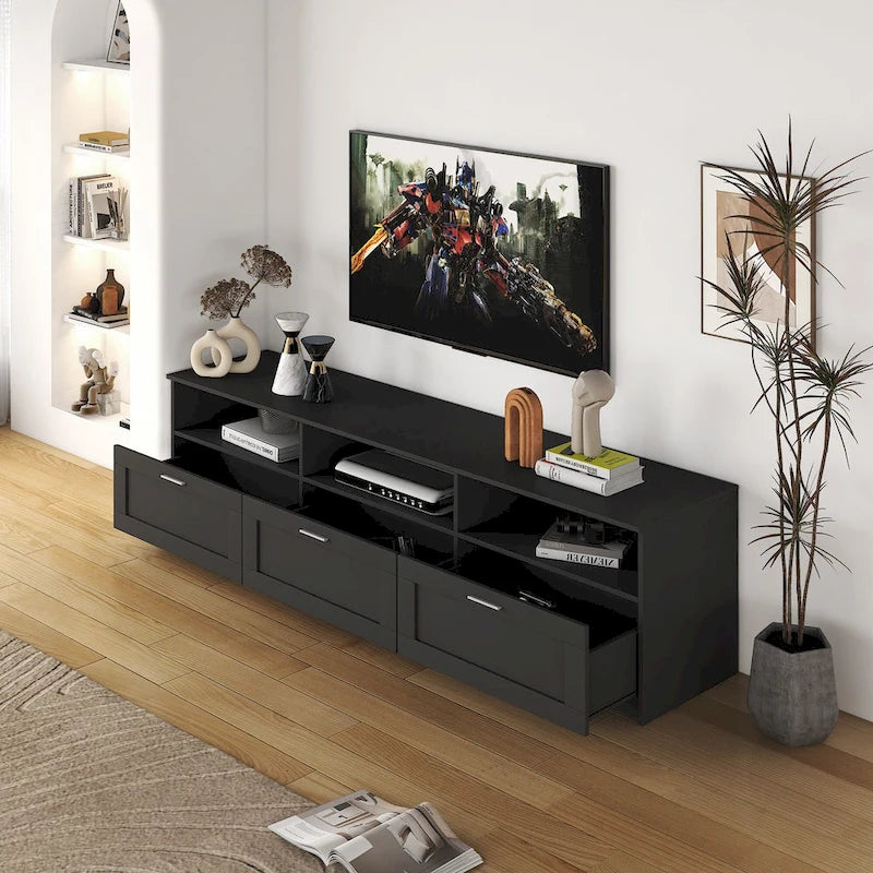 Black 70.87 TV Stand with 3 Open Storage Spaces and 3 Drawers for Living Room